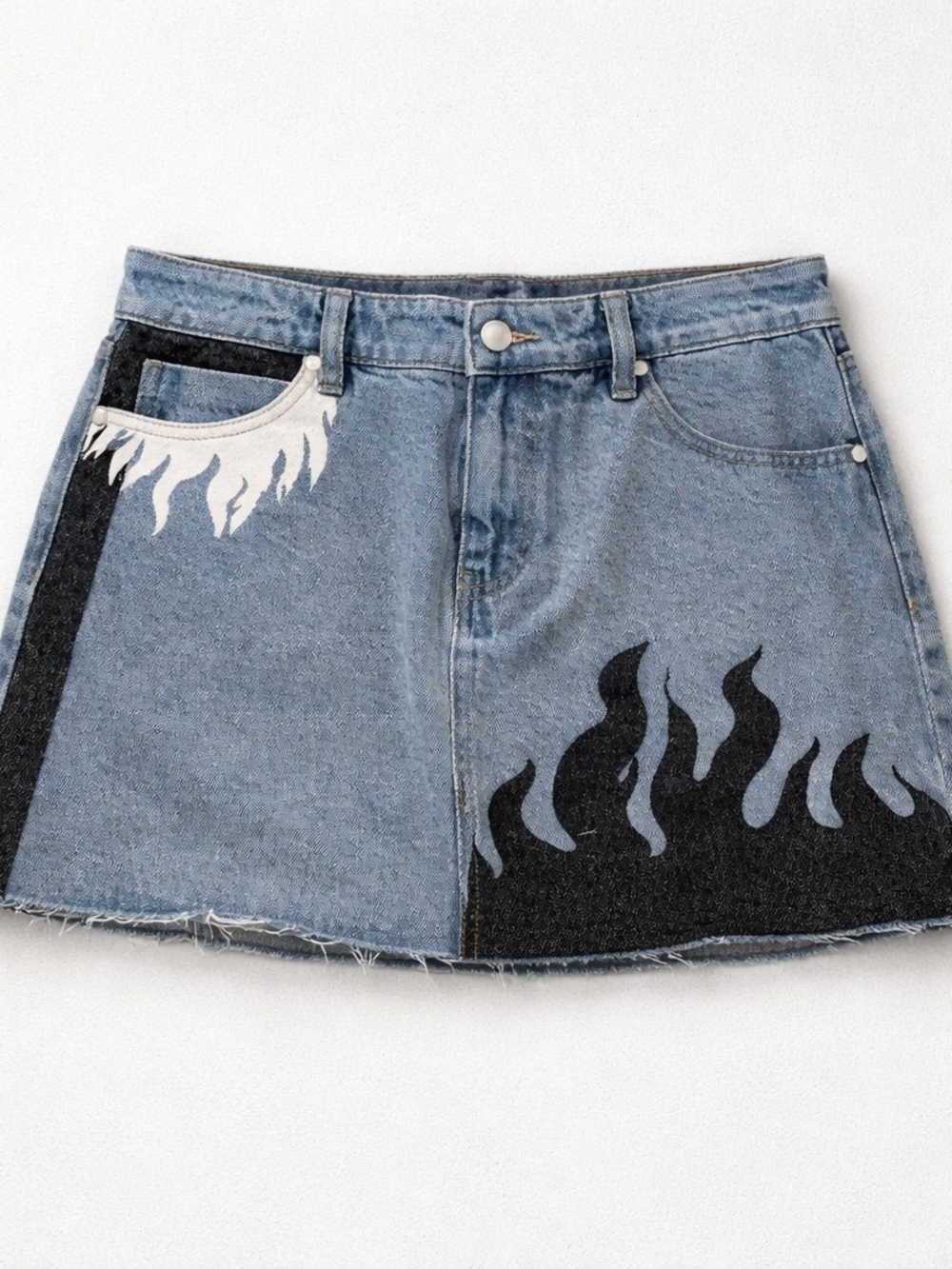 Denim Mini Skirt with Black Flame Print - Blue